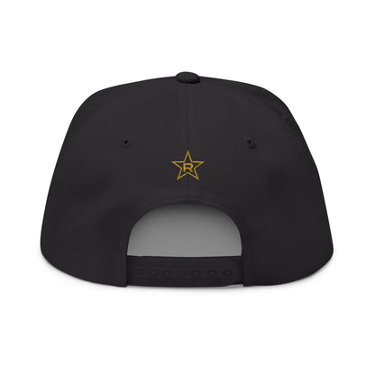 REVOTEES Embroidered Flat Bill Cap – BLACK_GOLD_WHITE Text with rear Gold Star