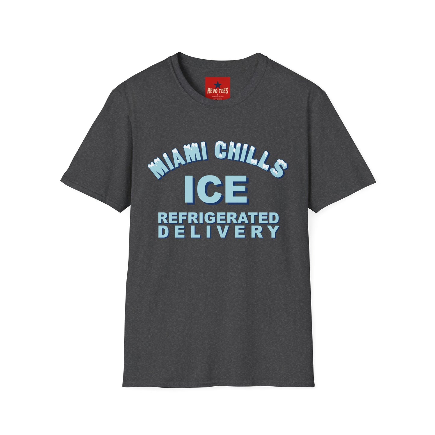 Miami Chills Ice Graphic T-Shirt — Retro Beach Vibes, Refrigerated Delivery Slogan