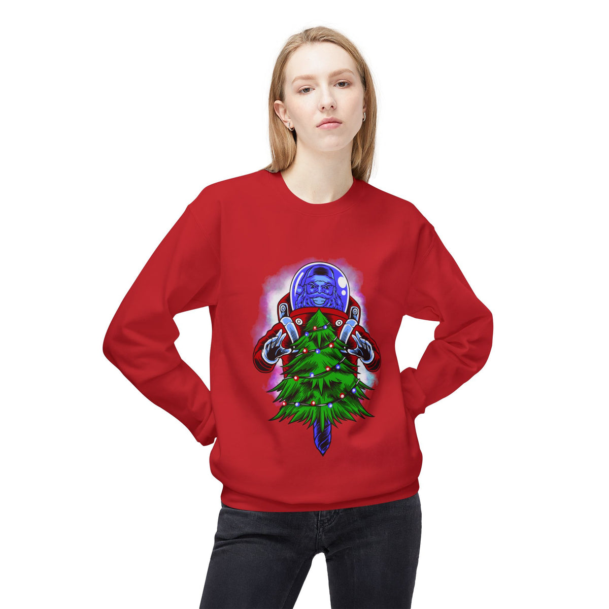 Astronaut Santa Pouncing on a Christmas Tree Crewneck Sweatshirt