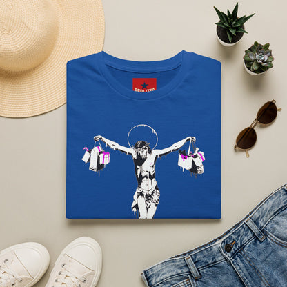 Banksy Crucifixion Balance Tee — Stenciled Jesus Holding Gift Bags Graphic T-Shirt