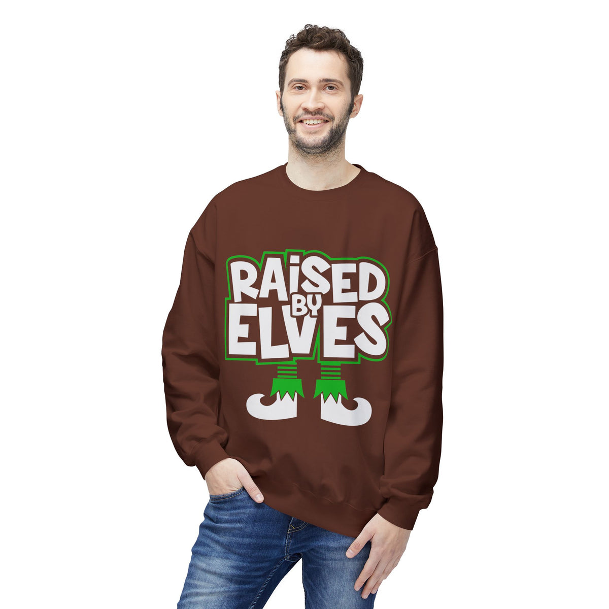 Raised by Elves Sweatshirt – Christmas Funny Holiday Crewneck
