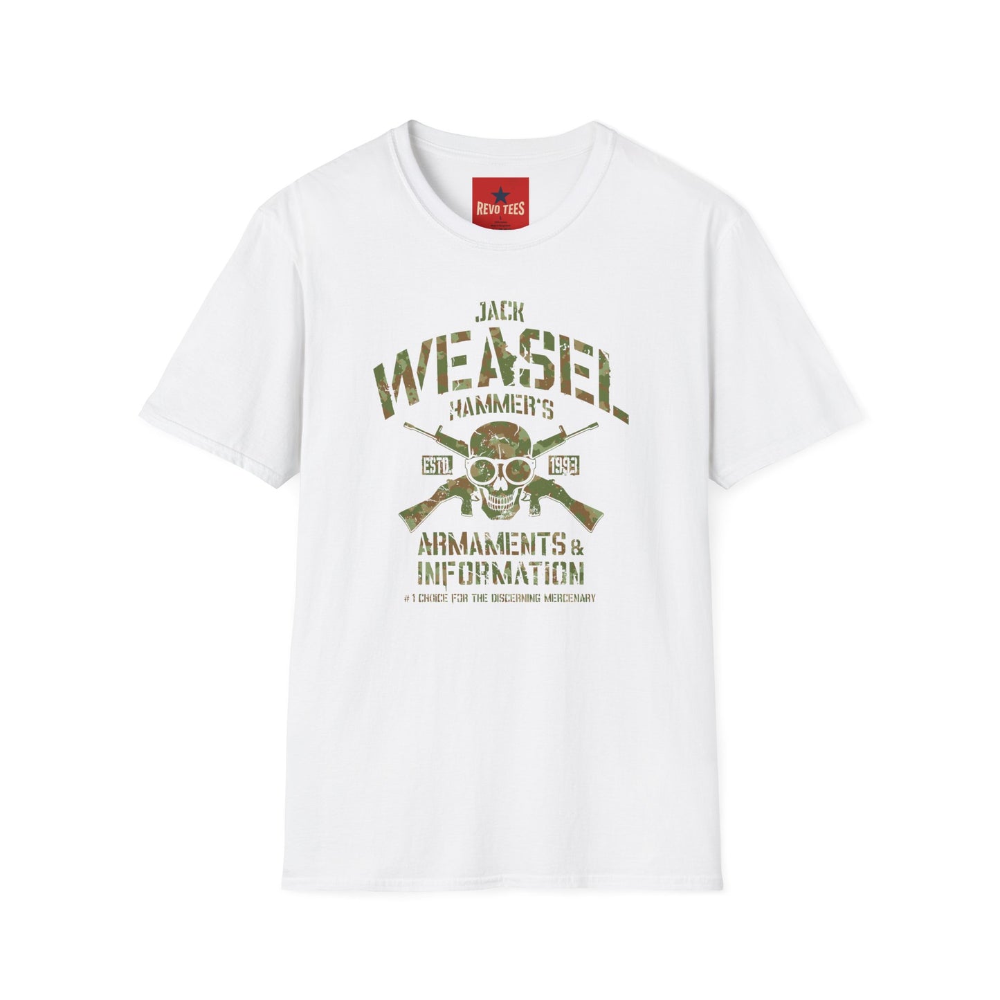 Weasel Hammer Skull Camo T-Shirt — Jack Weasel Armaments & Information Graphic Tee