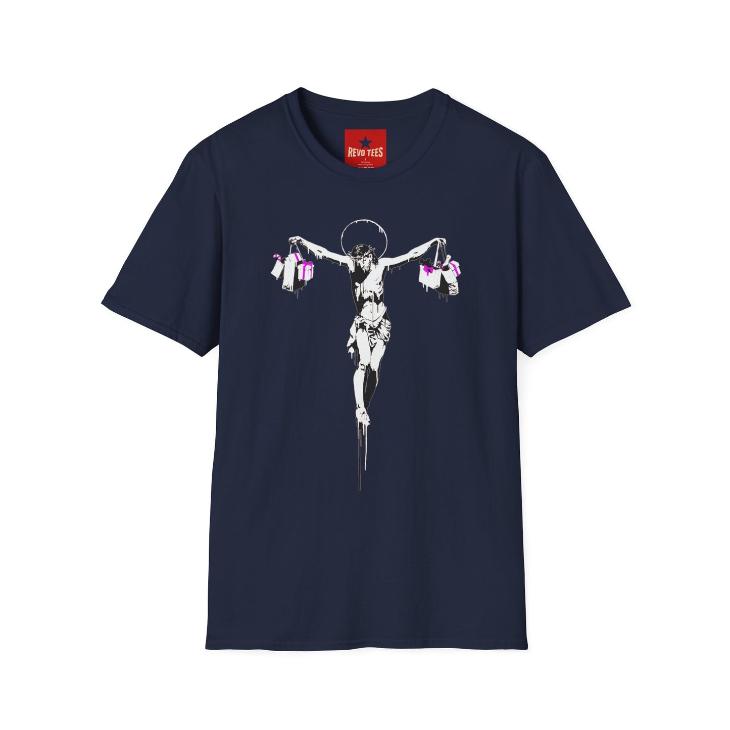 Banksy Crucifixion Balance Tee — Stenciled Jesus Holding Gift Bags Graphic T-Shirt