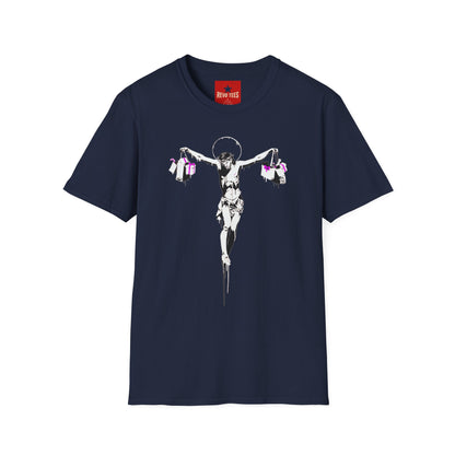 Banksy Crucifixion Balance Tee — Stenciled Jesus Holding Gift Bags Graphic T-Shirt