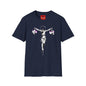 Banksy Crucifixion Balance Tee — Stenciled Jesus Holding Gift Bags Graphic T-Shirt