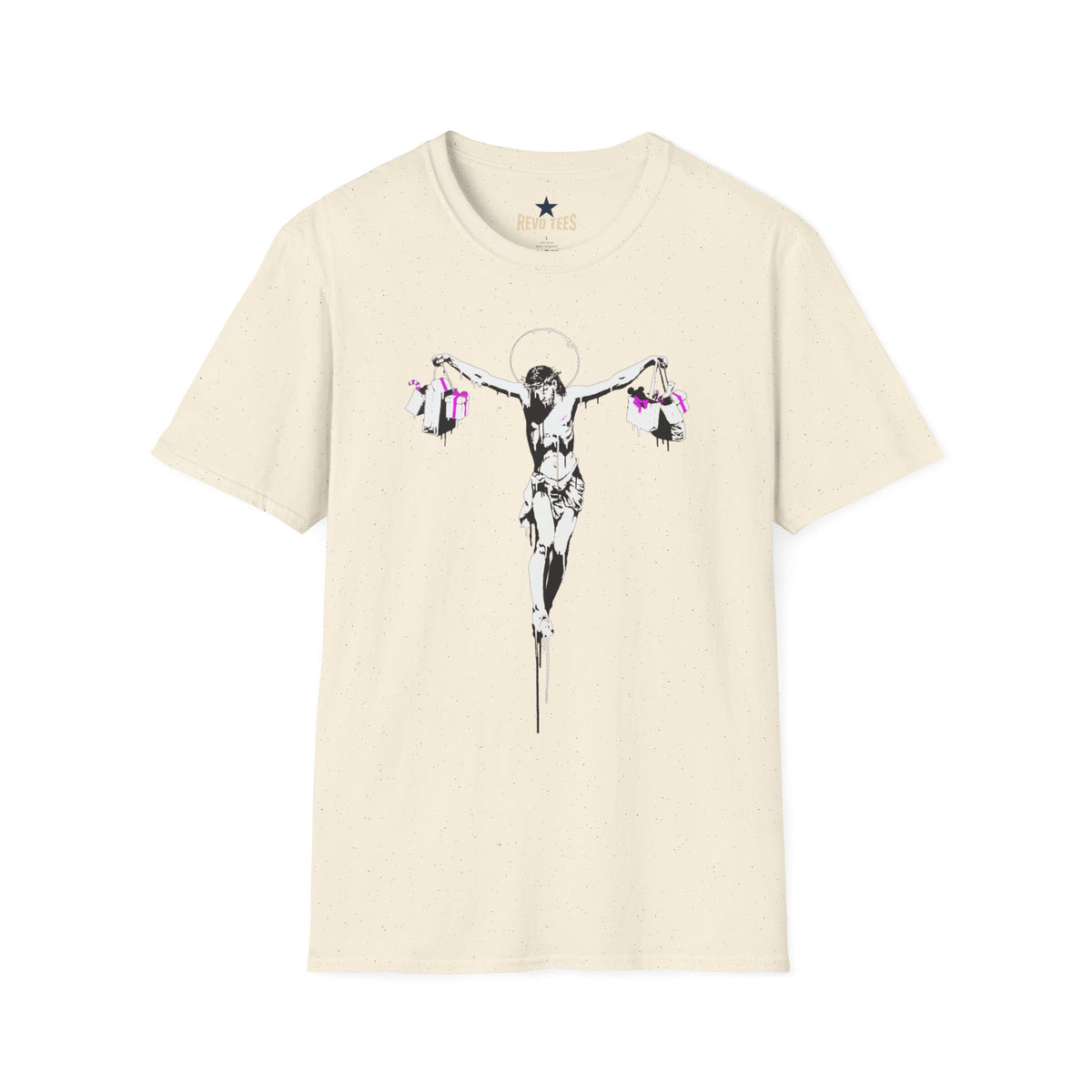 Revotees Banksy Crucifixion Balance Stenciled Jesus Holding Gift Bags Graphic T-Shirt - alternate view 5