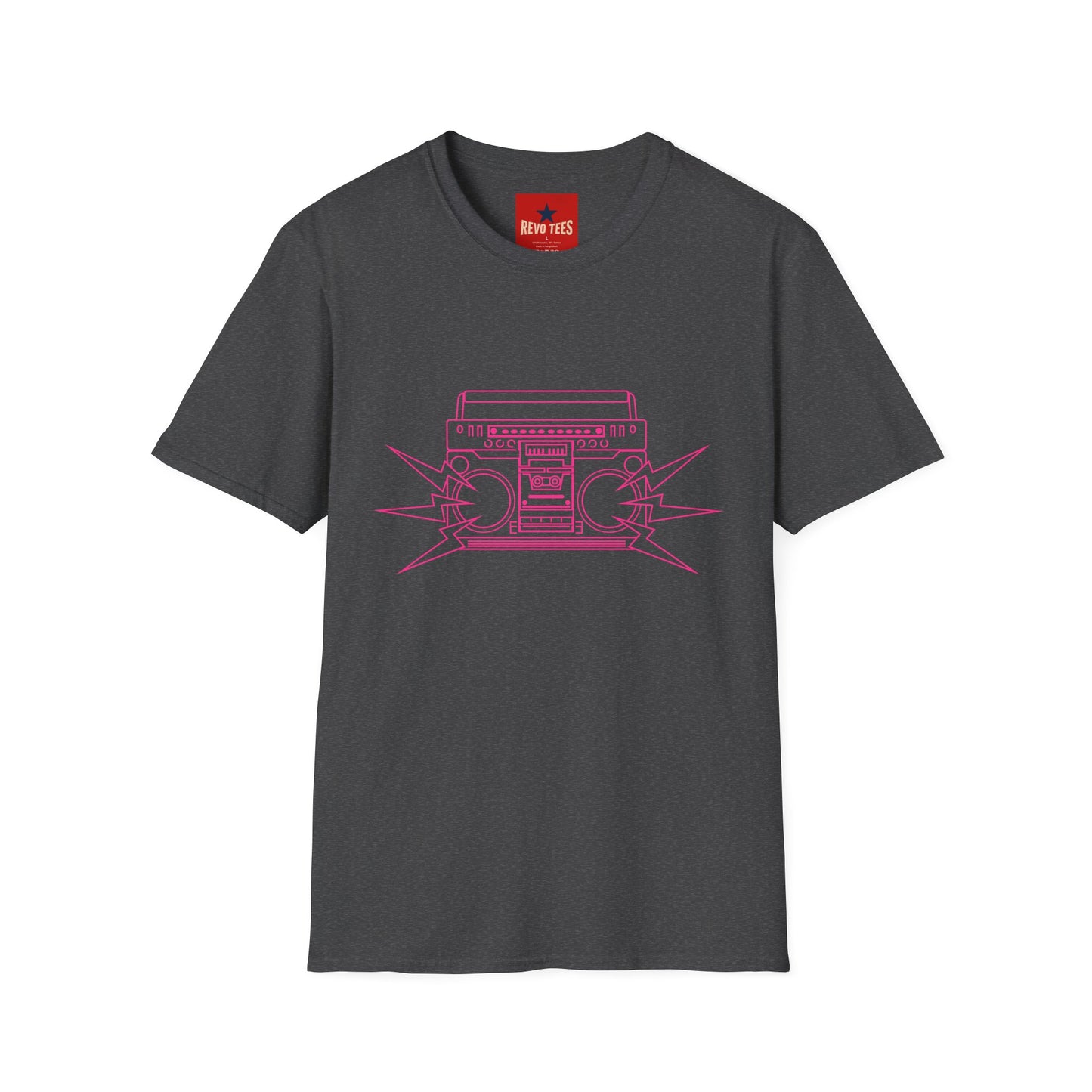 Retro Boombox Tee — Pink Line Art Vintage Radio Graphic T-Shirt