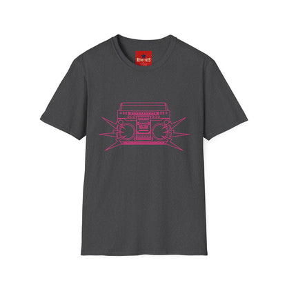 Retro Boombox Tee — Pink Line Art Vintage Radio Graphic T-Shirt