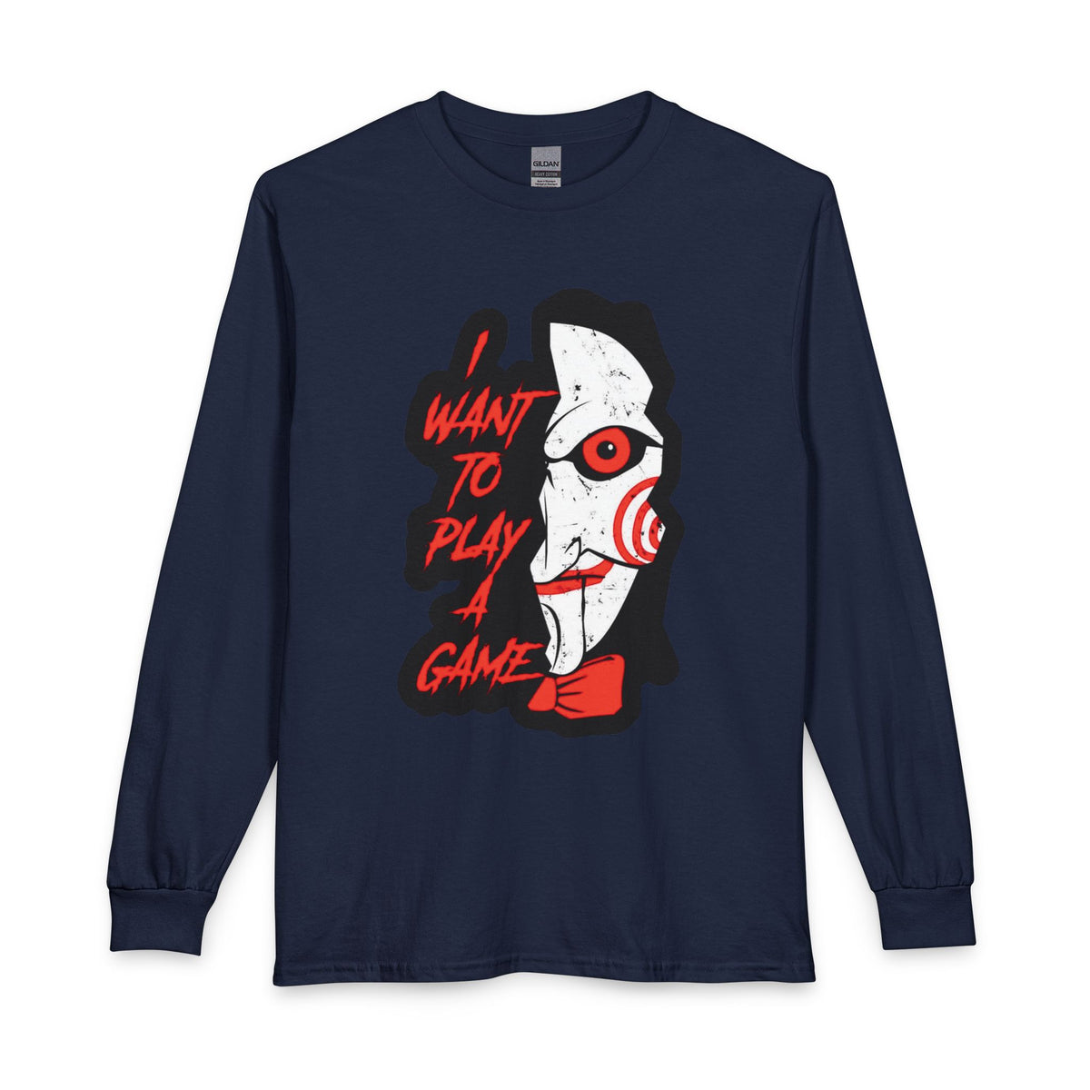 SAW - Horror Movie Long Sleeve Tee — "I Want to Play a Game" Jigsaw Puppet Graphic