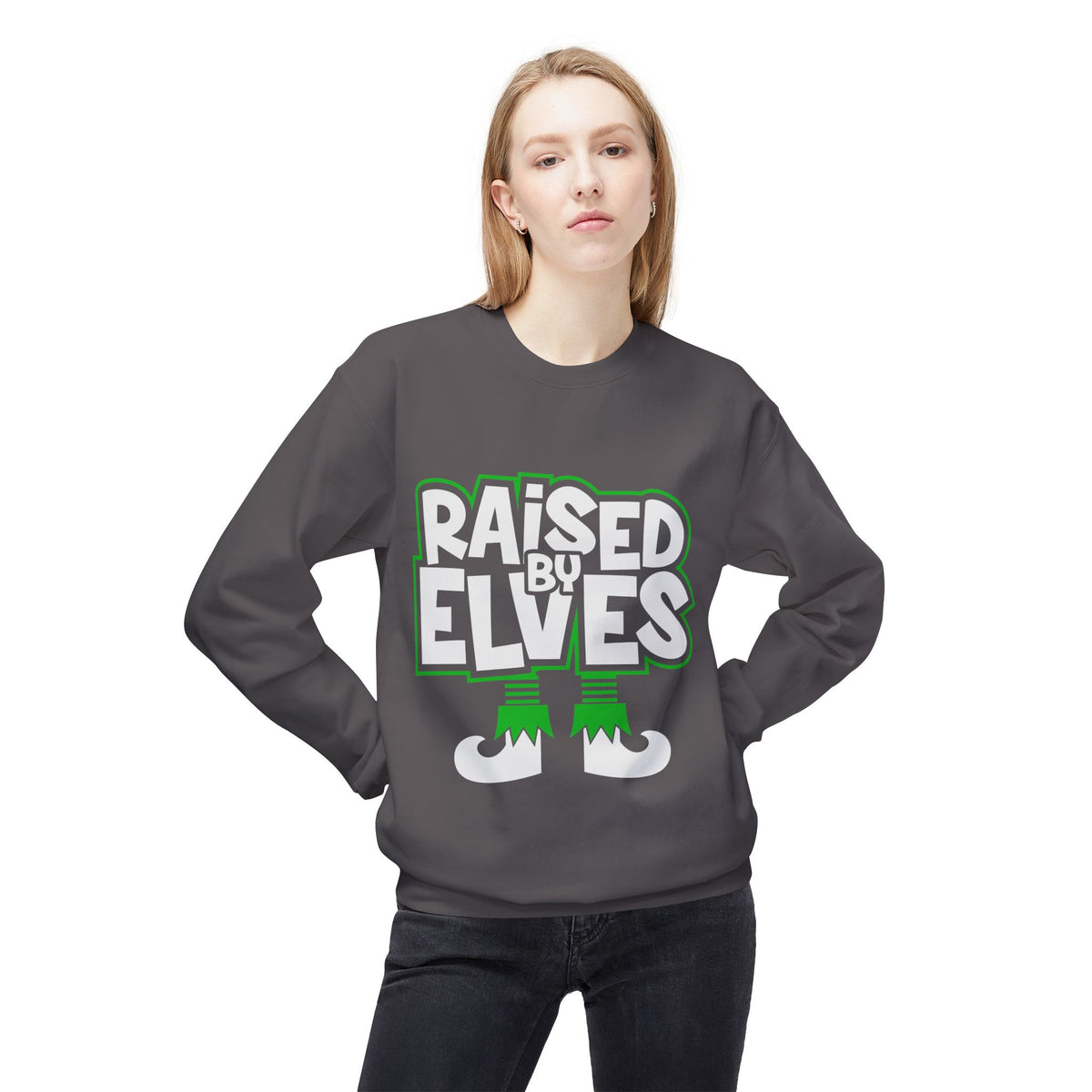 Raised by Elves Sweatshirt – Christmas Funny Holiday Crewneck
