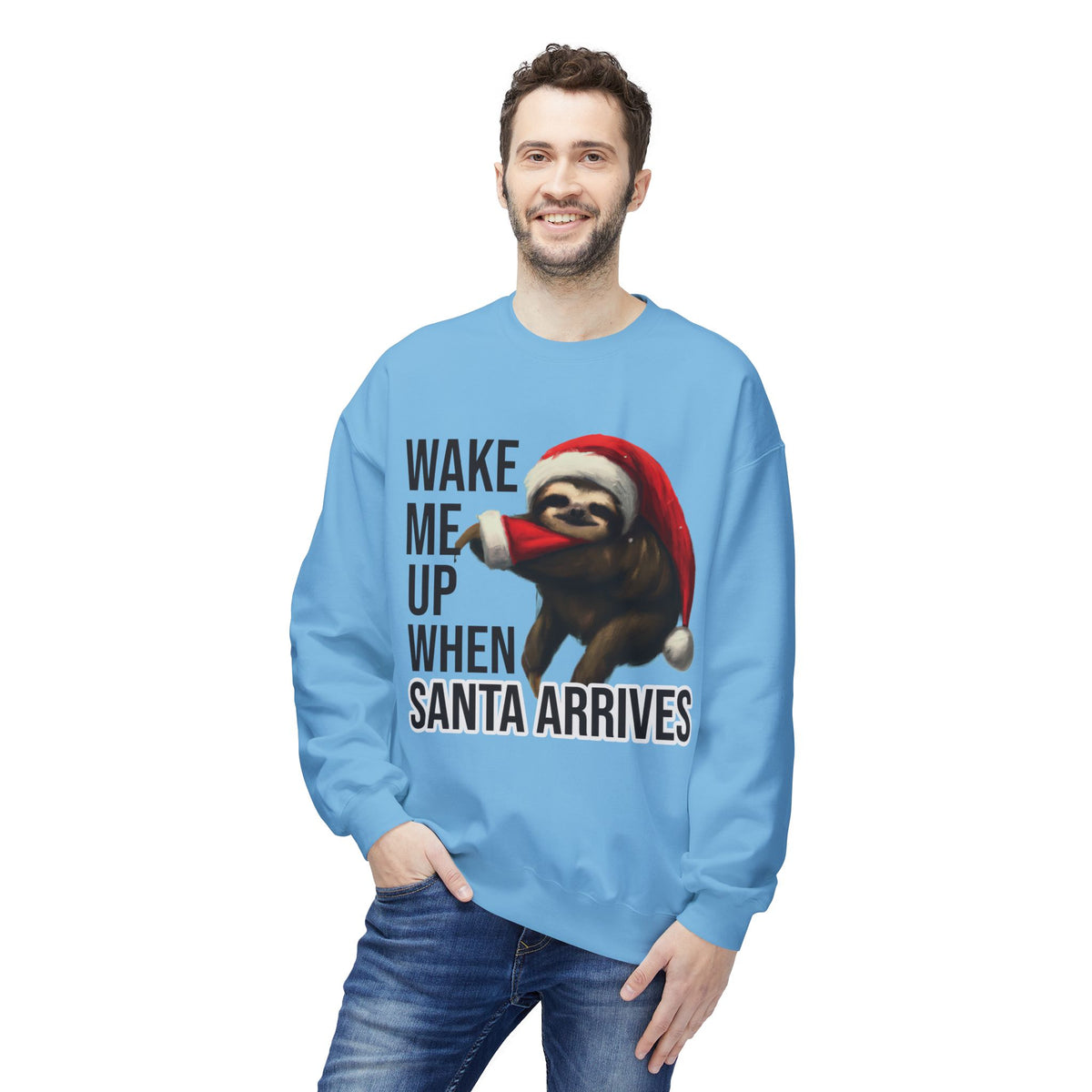 Sloth Santa Sweatshirt — "Wake Me Up When Santa Arrives" Holiday Crewneck