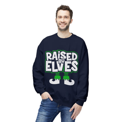 Raised by Elves Sweatshirt – Christmas Funny Holiday Crewneck