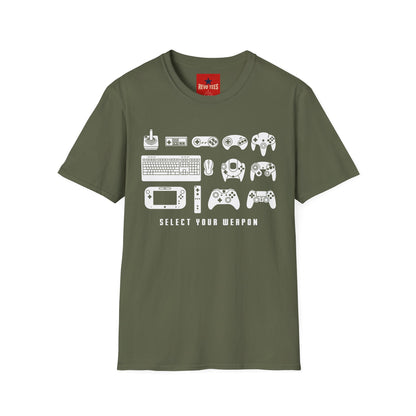 Gaming Controllers T-Shirt — "Select Your Weapon" Retro Console Gamer Tee