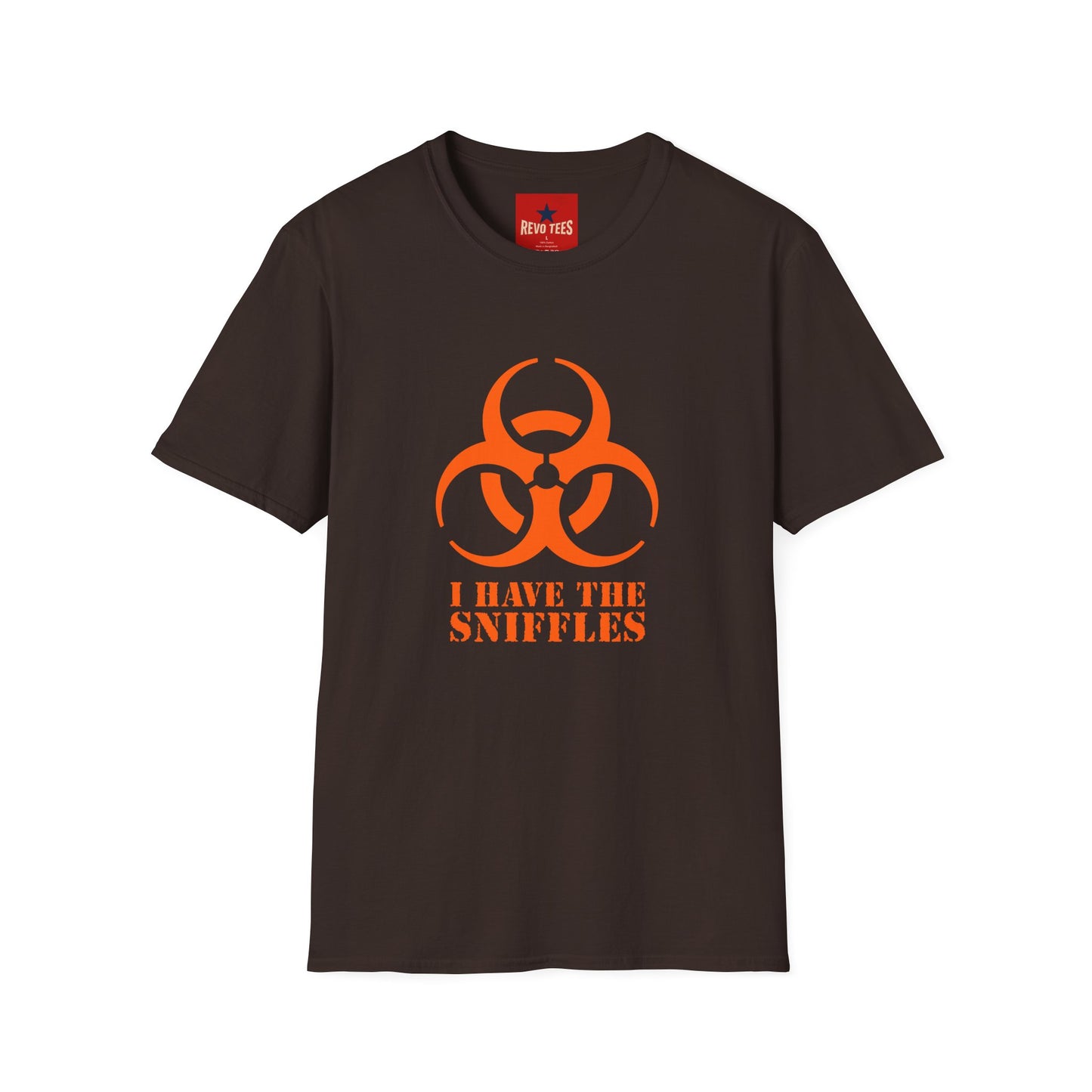 Graphic T-Shirt — Orange Biohazard Icon with “I HAVE THE SNIFFLES”