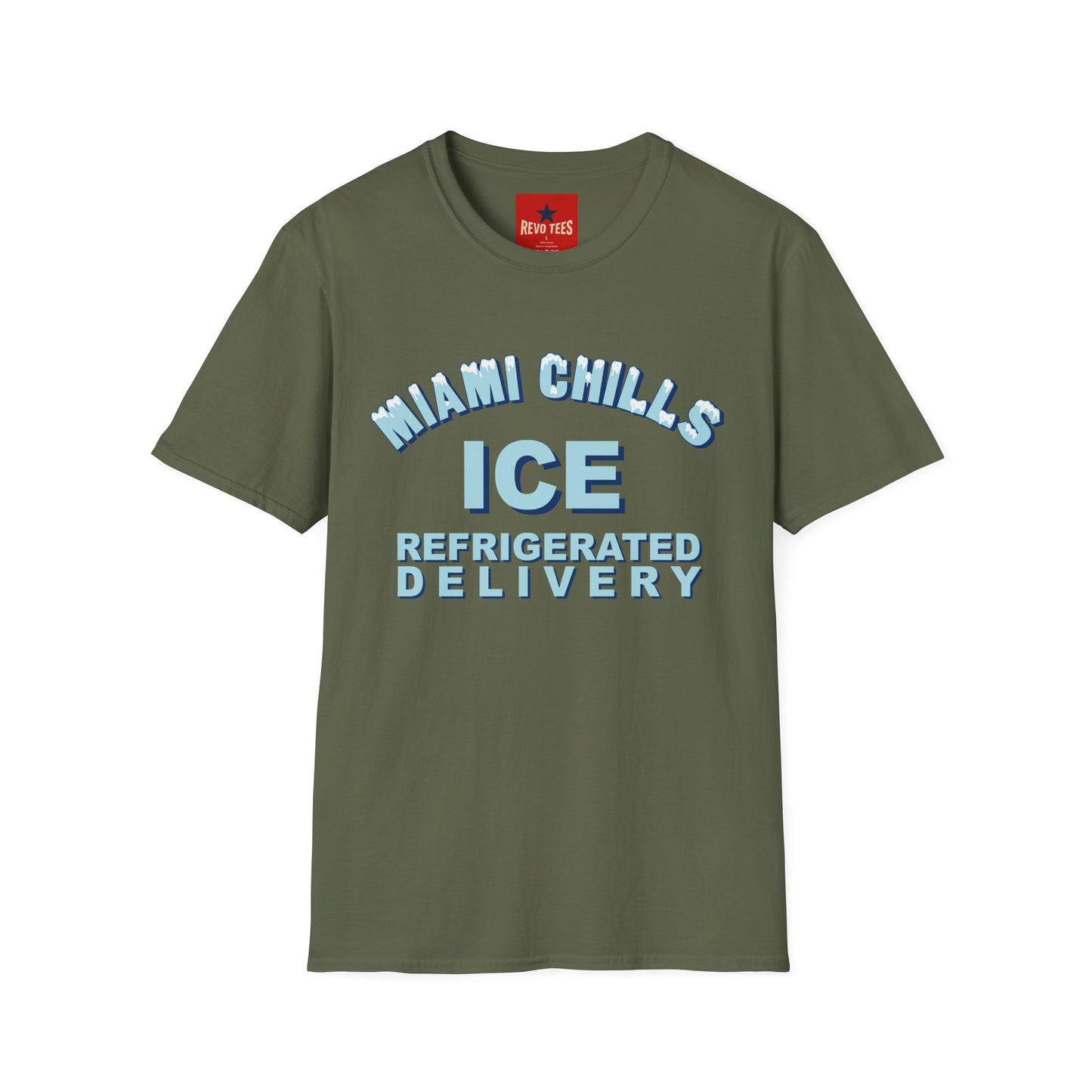 Miami Chills Ice Graphic T-Shirt — Retro Beach Vibes, Refrigerated Delivery Slogan