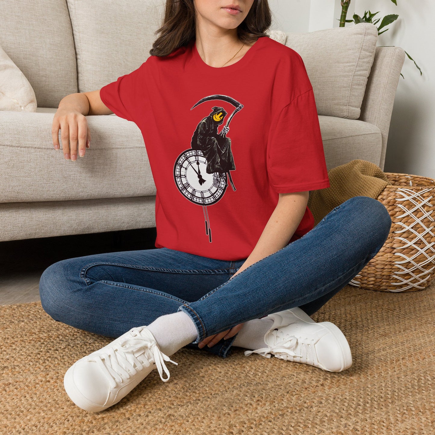 Banksy T‑Shirt — Grim Reaper Clock Graphic Tee (Smiley Mask)