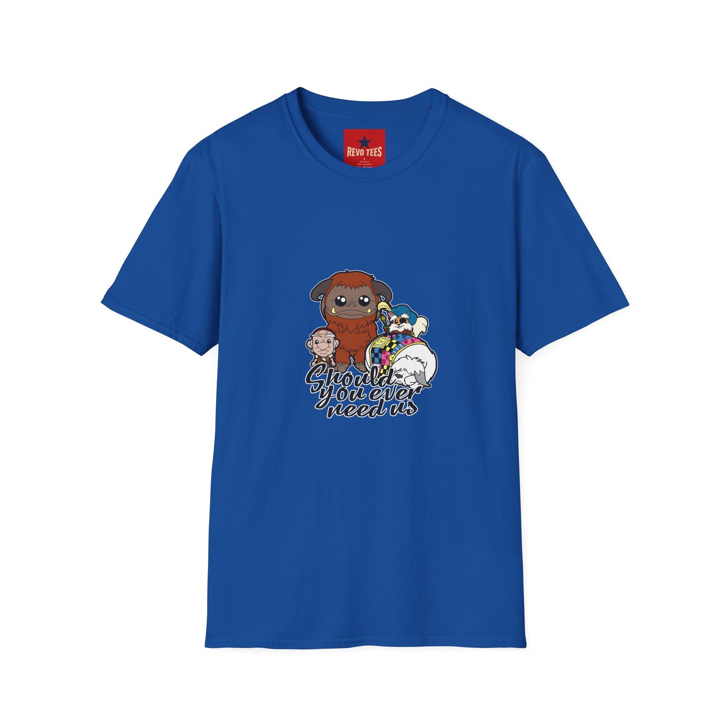 Cute Plush Creature T-Shirt — “Shoulder You Ever Need Us” Cartoon Group Tee