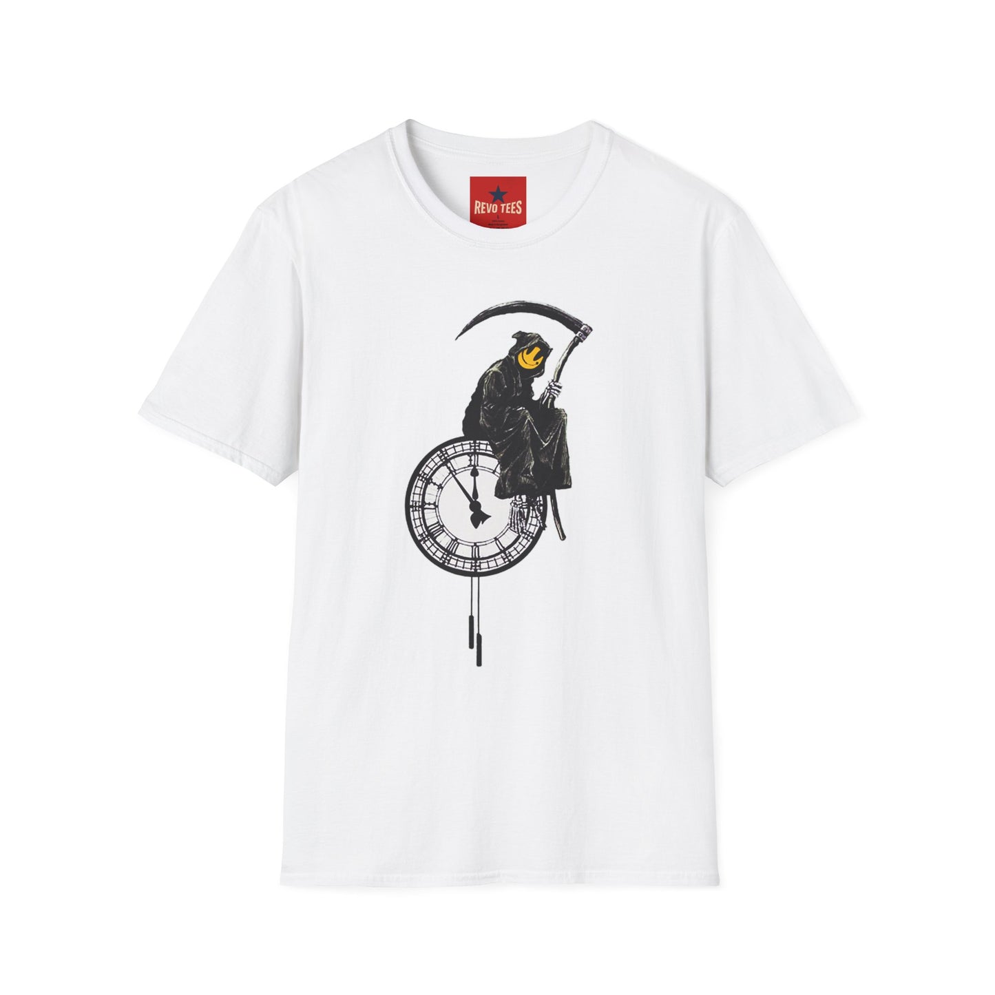 Banksy T‑Shirt — Grim Reaper Clock Graphic Tee (Smiley Mask)