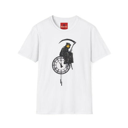 Banksy T‑Shirt — Grim Reaper Clock Graphic Tee (Smiley Mask)