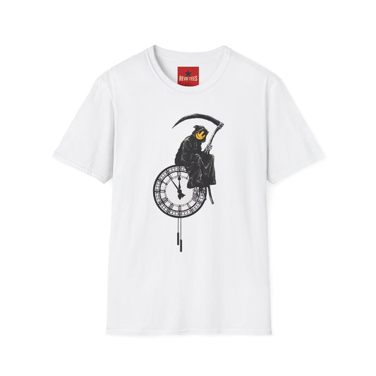 Banksy T‑Shirt — Grim Reaper Clock Graphic Tee (Smiley Mask)