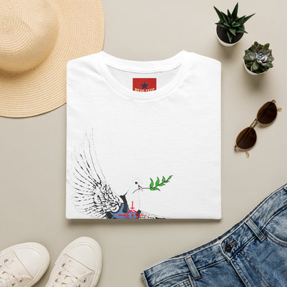 Banksy's Dove of Peace T‑Shirt — Flying Dove with Olive Branch & Earth Heart Graphic