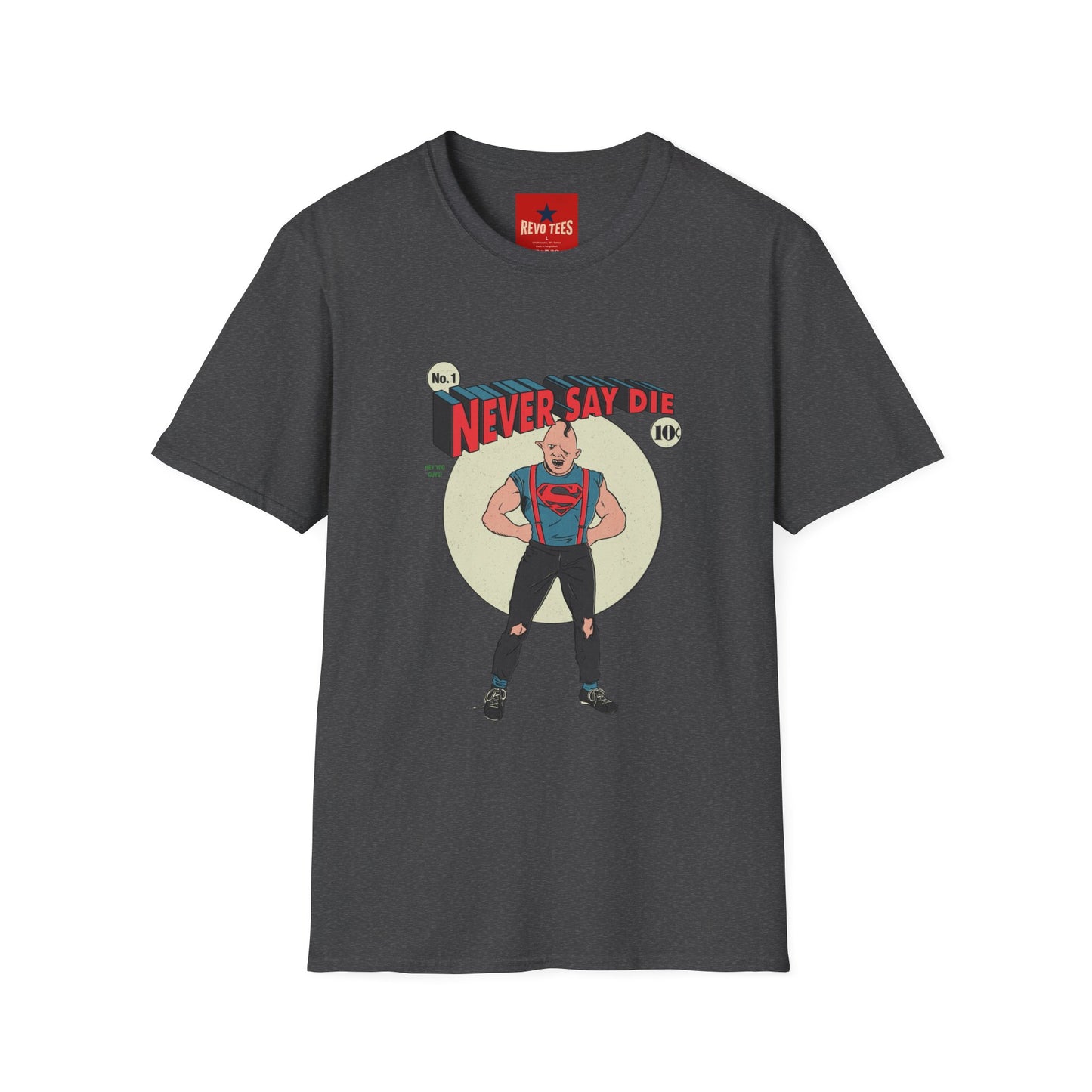 Never Say Die T‑Shirt — Vintage Superhero Graphic Tee