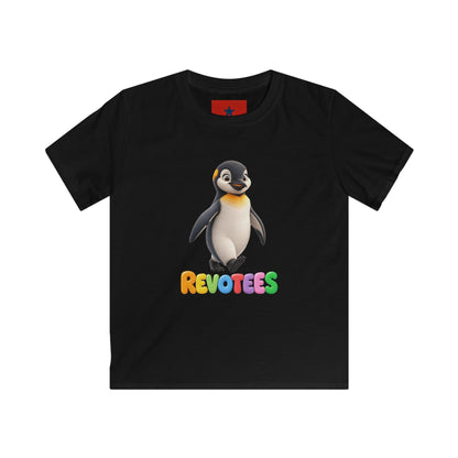 Kids Tee — Cute Pebble Penguin “REVOTEES” Colorful Logo