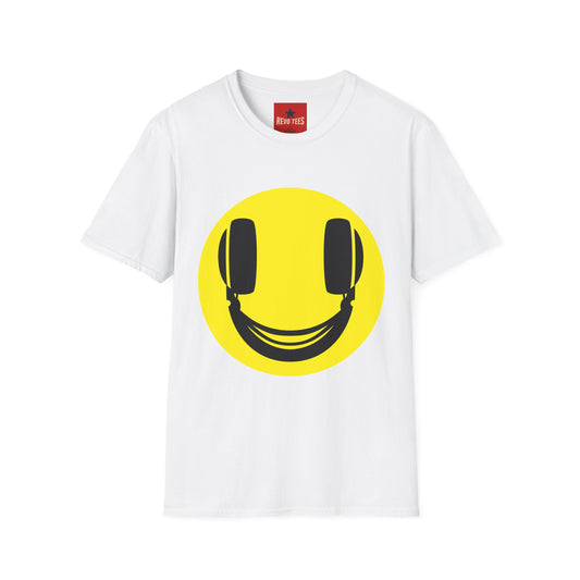 Smiley Face Headphones T-Shirt — Retro Music Lover Graphic Tee