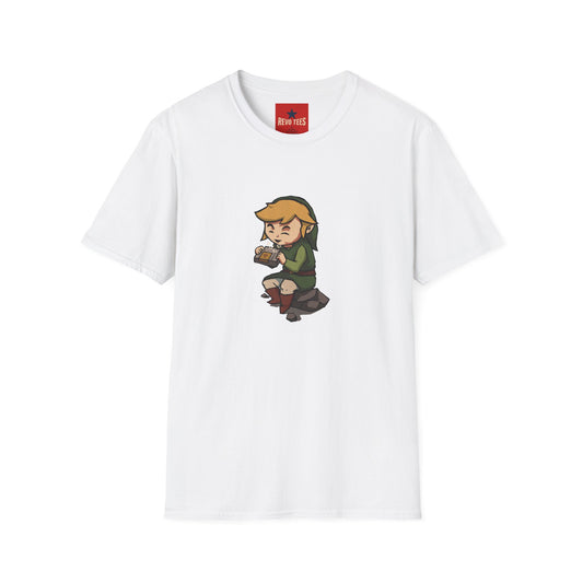 Link-Inspired Gamer Tee — Cute Chibi Hero Playing Handheld Console