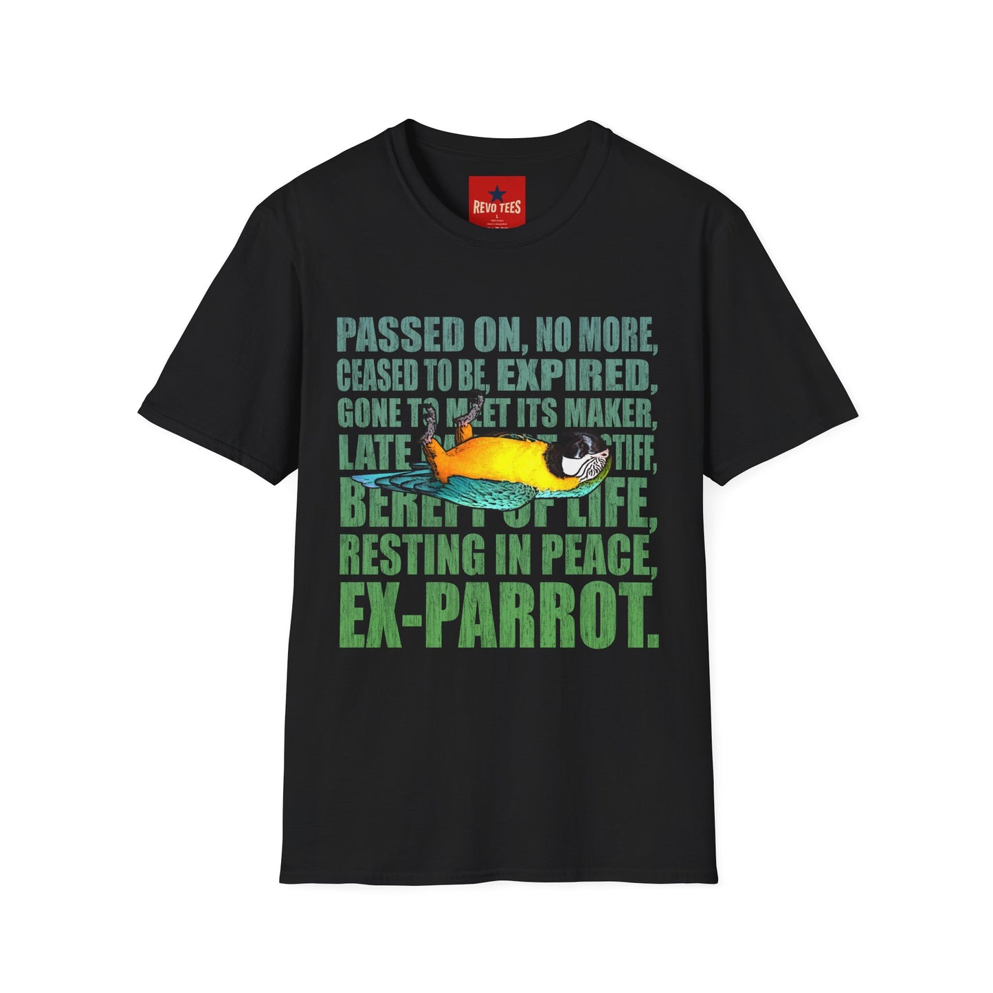 Ex-Parrot T-Shirt — Funny Parrot Memorial Tee (Passed On, Resting in Peace)