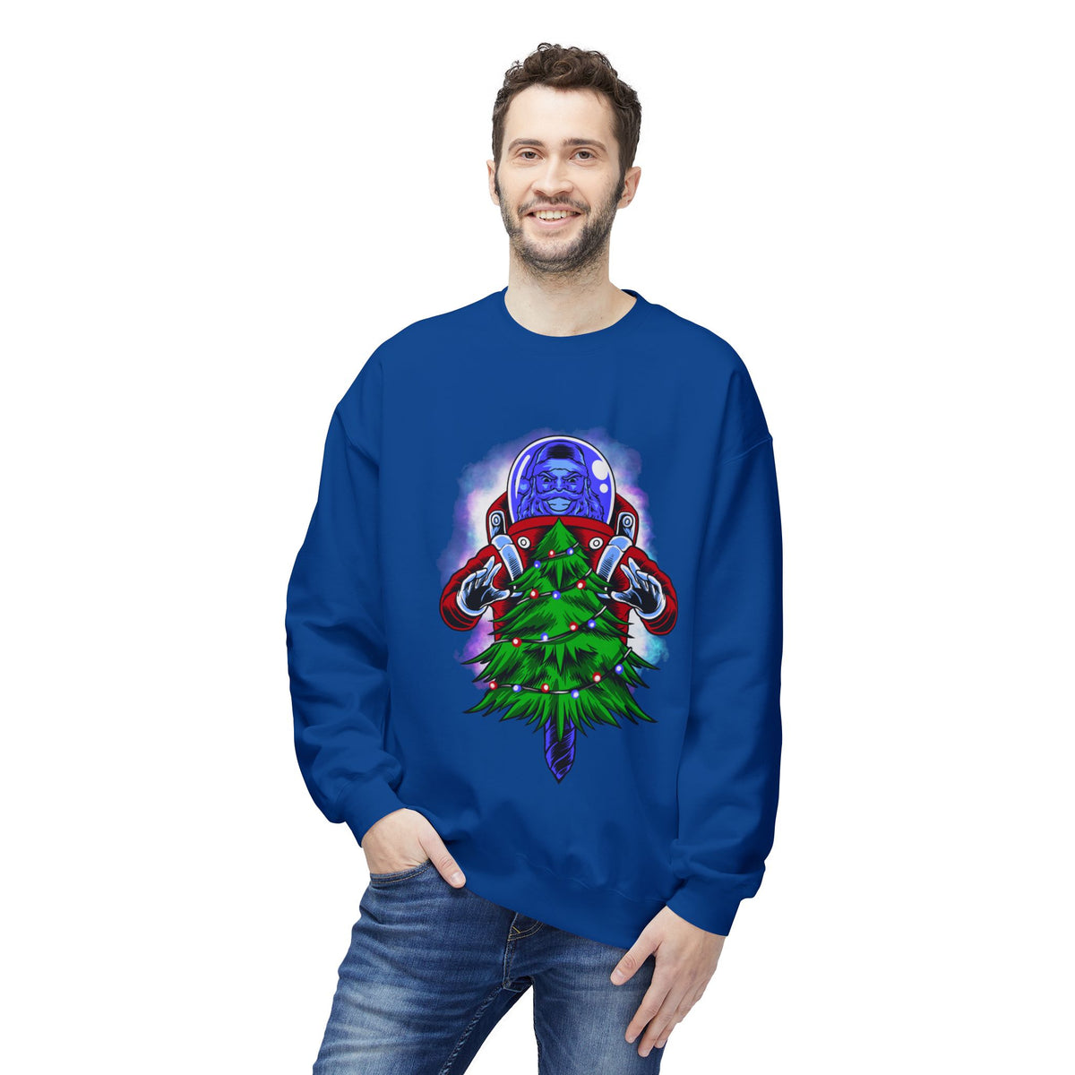 Astronaut Santa Pouncing on a Christmas Tree Crewneck Sweatshirt