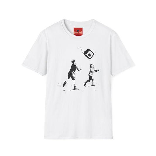T‑Shirt — Banksy Style Kids Tossing TV Stencil Art Tee