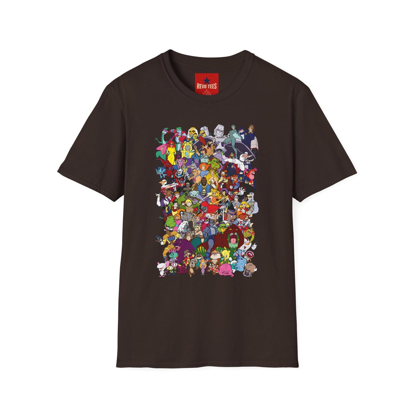 T-Shirt — Colorful Cartoon Characters Collage Graphic Tee