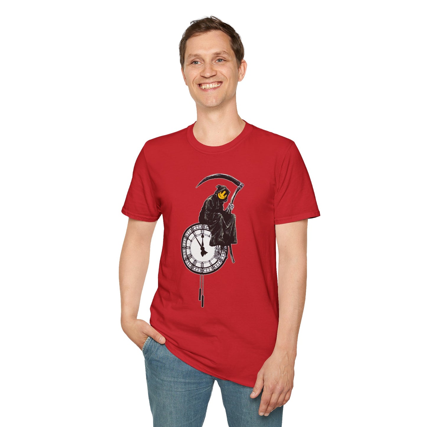 Banksy T‑Shirt — Grim Reaper Clock Graphic Tee (Smiley Mask)