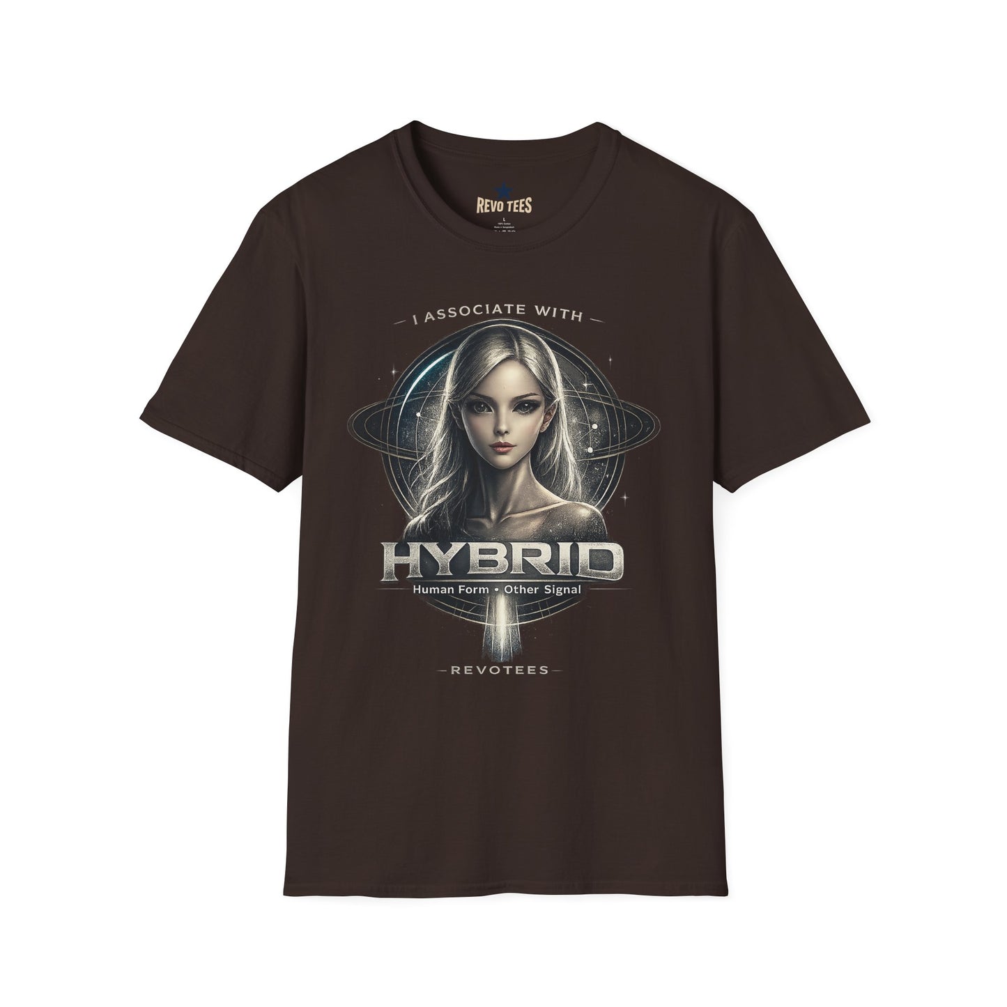 REVOTEES Hybrid Alien Graphic Tee — "I Associate With" Sci‑Fi Cosmic Portrait Shirt