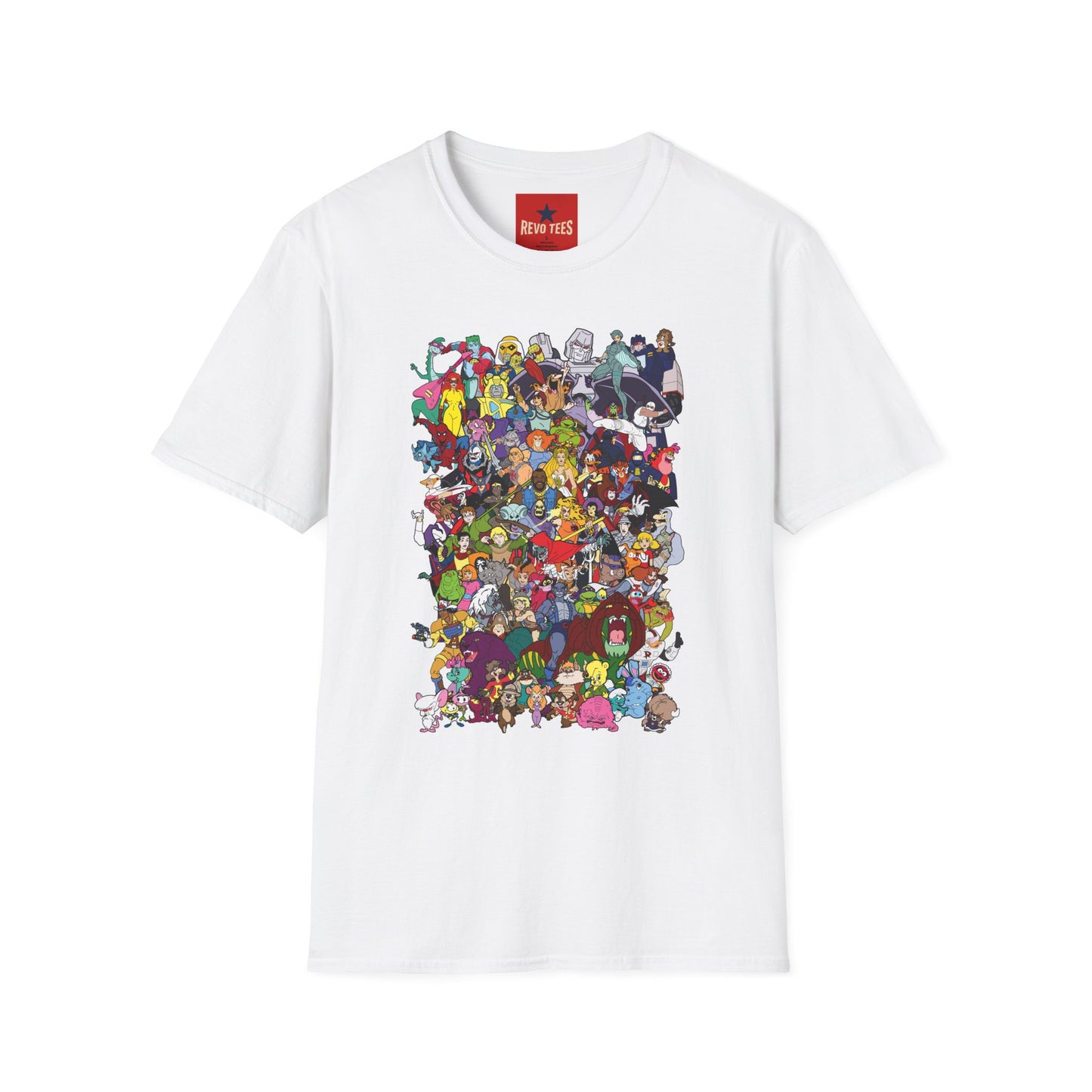 T-Shirt — Colorful Cartoon Characters Collage Graphic Tee