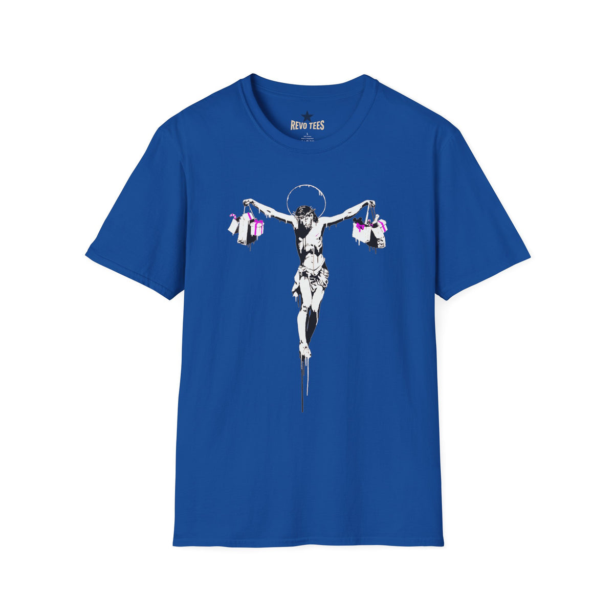 Revotees Banksy Crucifixion Balance Stenciled Jesus Holding Gift Bags Graphic T-Shirt - alternate view 9