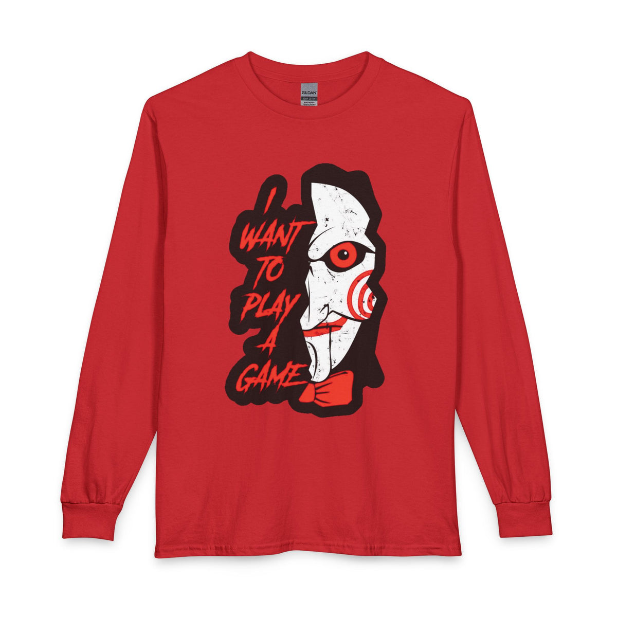 SAW - Horror Movie Long Sleeve Tee — "I Want to Play a Game" Jigsaw Puppet Graphic