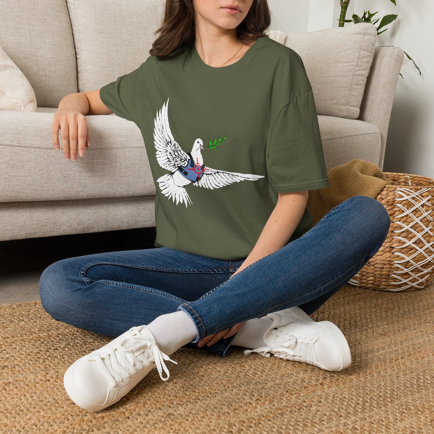 Banksy's Dove of Peace T‑Shirt — Flying Dove with Olive Branch & Earth Heart Graphic