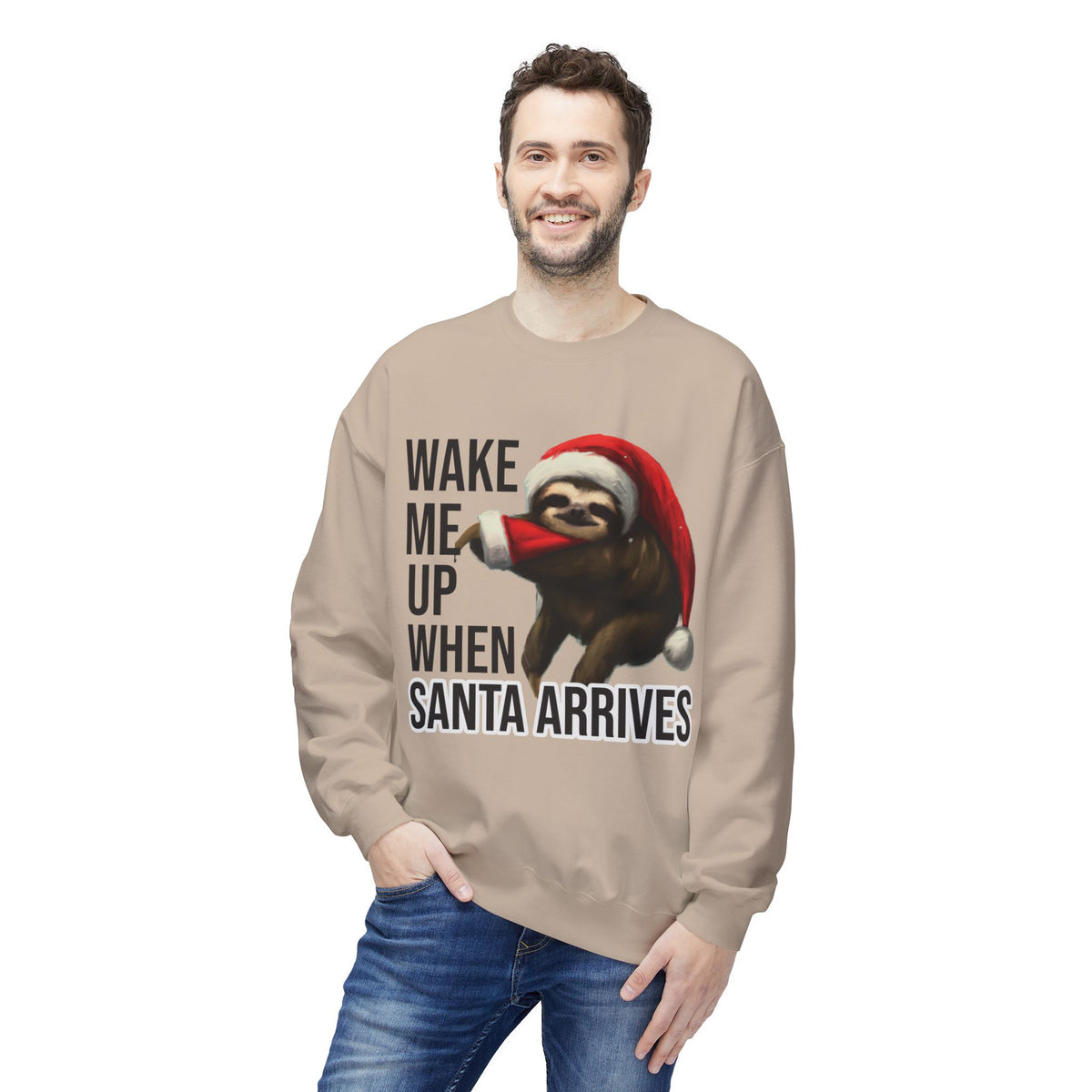Sloth Santa Sweatshirt — "Wake Me Up When Santa Arrives" Holiday Crewneck