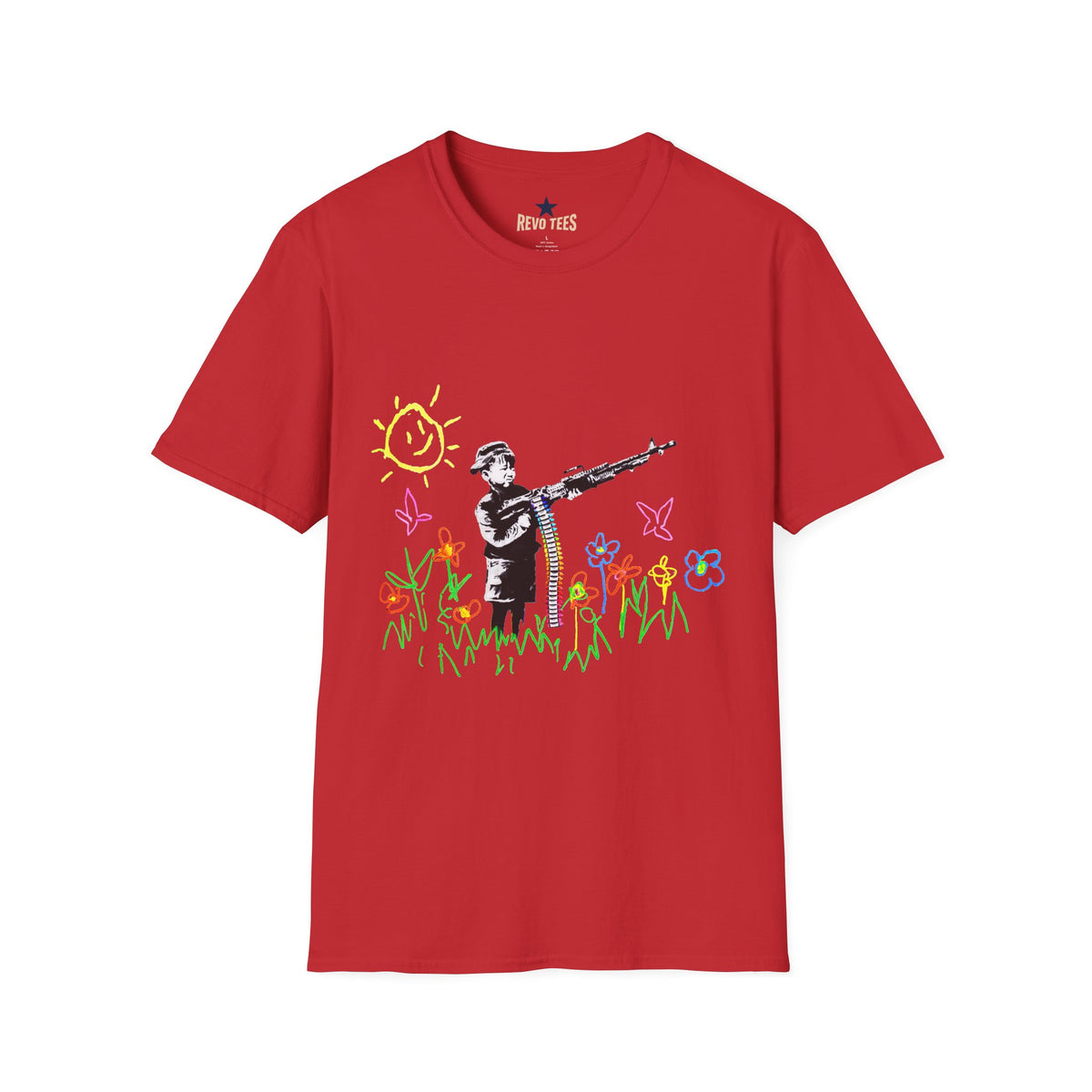 Revotees Banksy Style Soldier with Childlike Doodle Flowers T-Shirt - alternate view 9
