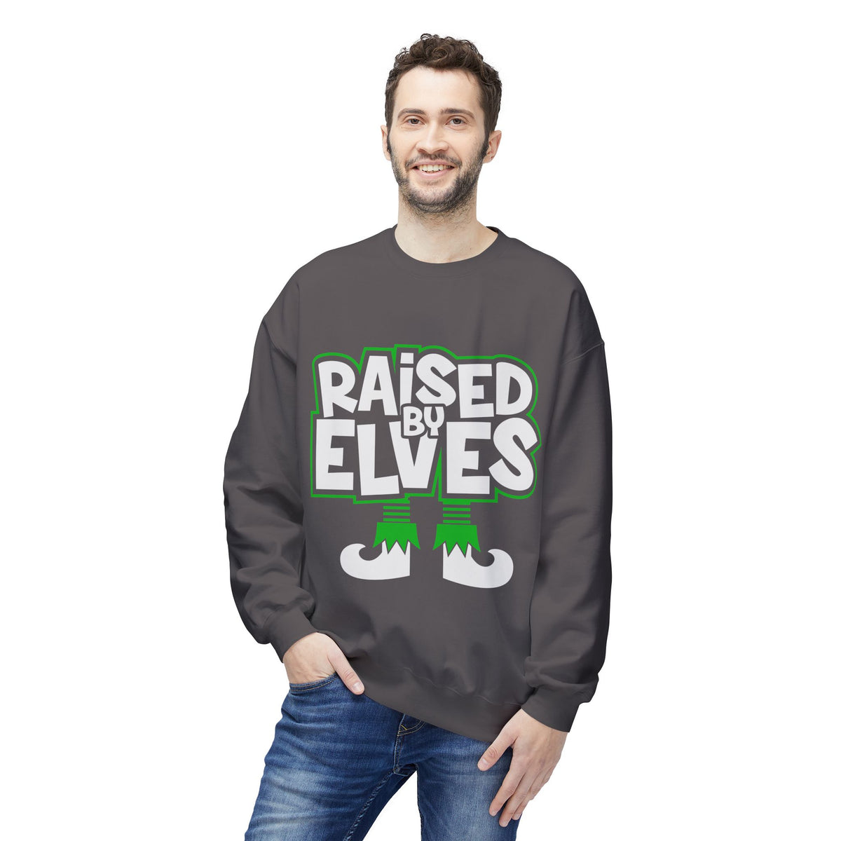 Raised by Elves Sweatshirt – Christmas Funny Holiday Crewneck
