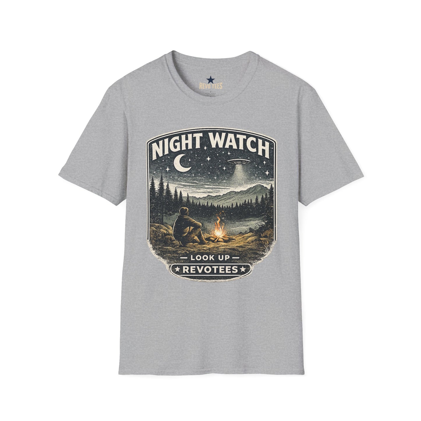 REVOTEES Night Watch T-Shirt — Vintage UFO Camping Graphic Tee ("Look Up")