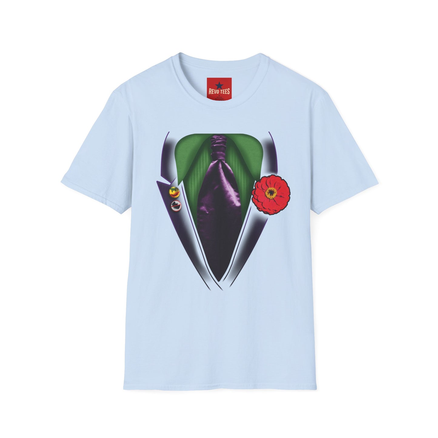 Joker Suit T‑Shirt — Green Vest, Purple Tie & Poppy Graphic Tee