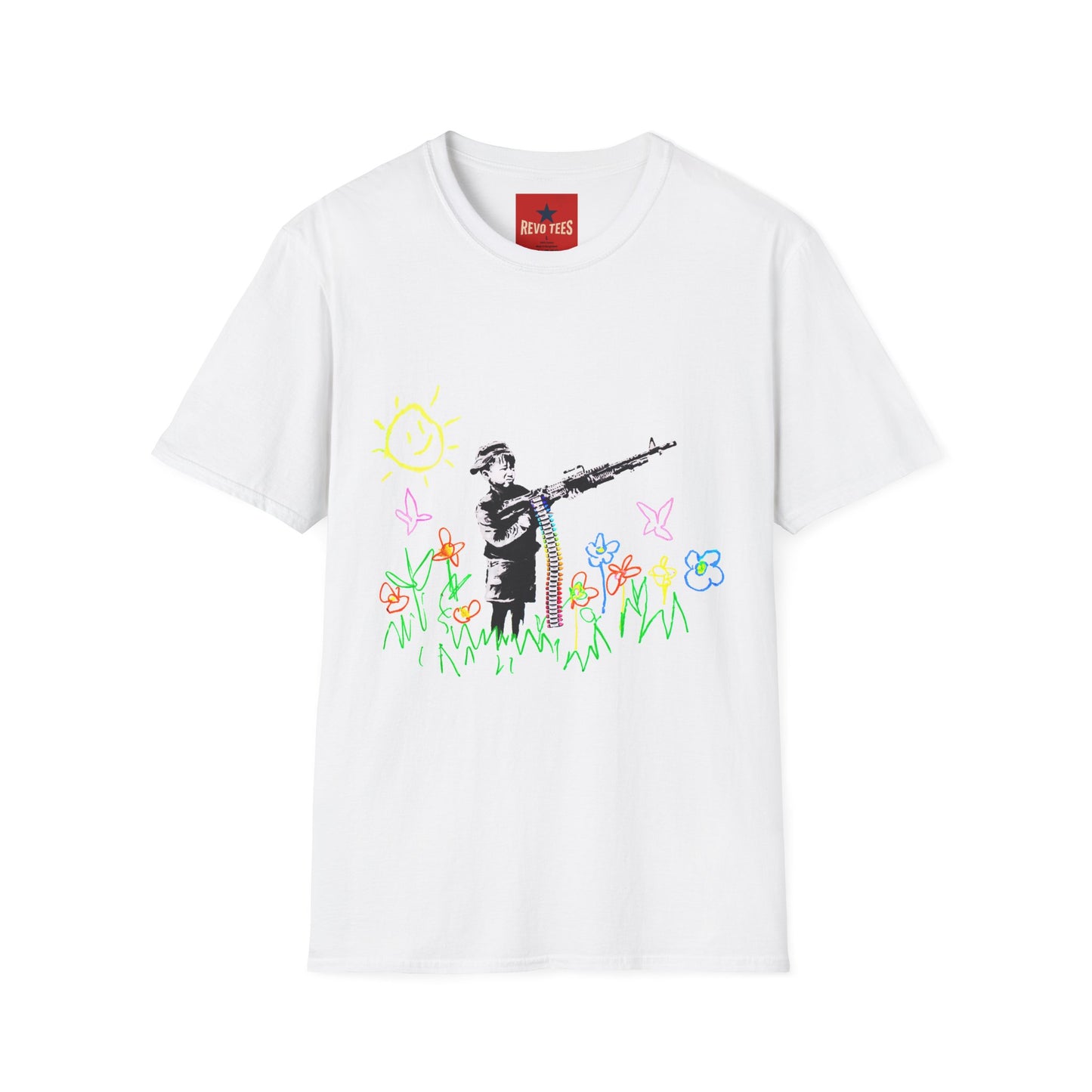 T-Shirt — Banksy Style Soldier with Childlike Doodle Flowers