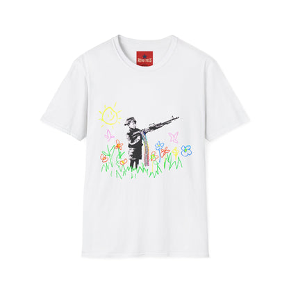 T-Shirt — Banksy Style Soldier with Childlike Doodle Flowers