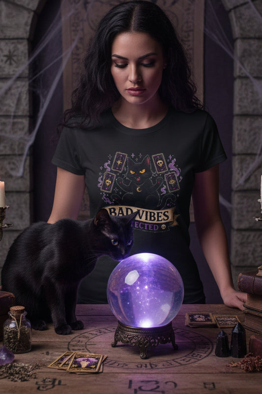 Bad Vibes Detected Cat Tarot Tee — Women's Witchy Graphic T-Shirt