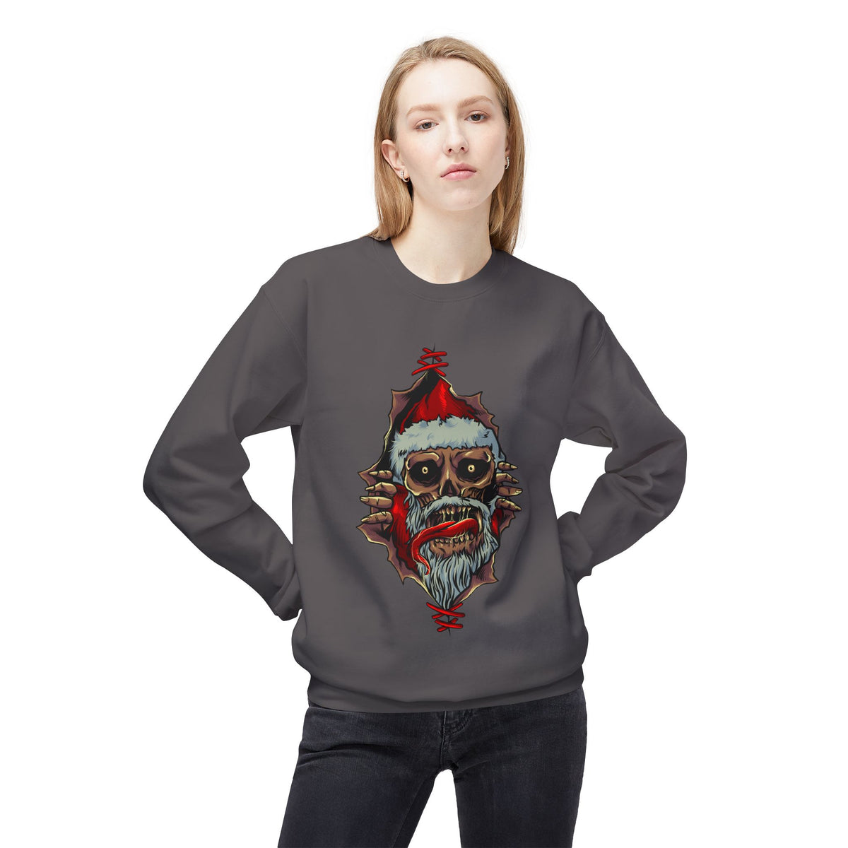 Skull Santa Crewneck Sweatshirt — Horror Christmas Graphic