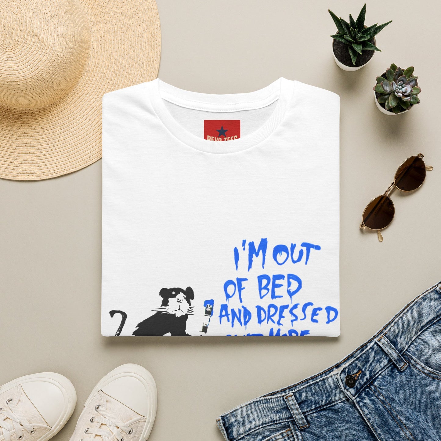 Banksy T-Shirt — 'I’m Out of Bed and Dressed, What More Do You Want?' Rat Graphic Tee