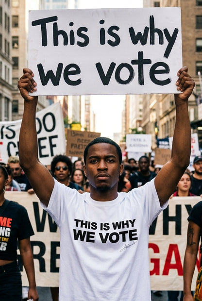 A white short-sleeve crewneck t-shirt with the text 'THIS IS WHY WE VOTE' printed in bold black capital letters on the chest, with a small signature graphic underneath.